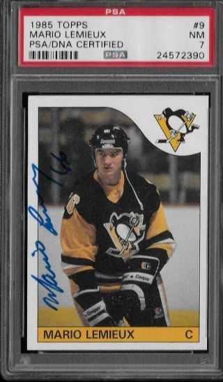 1985 - 1986 Topps 9 Mario Lemieux Rc Auto Psa/dna Nm 7 Rare Early Signed Lowpop