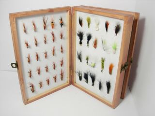 Vintage 2 X Tier Wooden Foam Lined Reservoir Fly Box & Selection Of Salmon Flies
