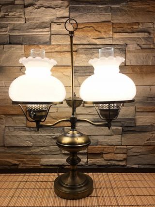 Vtg Brass 2 Light Victorian Style Hurricane Lamp Milk Glass Shades Banker 24”