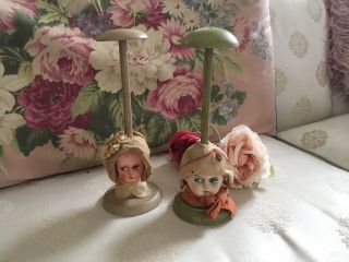 Adorable Antique 1920 - 1940 Composition Doll Head Hatstands Wood D