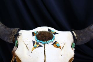 Vintage Steer/Cow Skull Decorated Taxidermy Bones and Horns Turquoise Leather 3