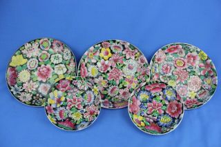 5 X Antique Chinese Famille Rose Black Ground Floral Porcelain Plate Set
