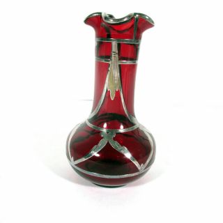 Antique Ruby Glass Bud Vase With Sterling Silver Overlay