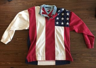 Rare Vintage Tommy Hilfiger Jeans American Huge Flag Usa Long Sleeve Polo Large