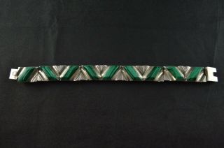 Vintage Sterling Silver Square Link Bracelet W Green Stone Inlay - 72g