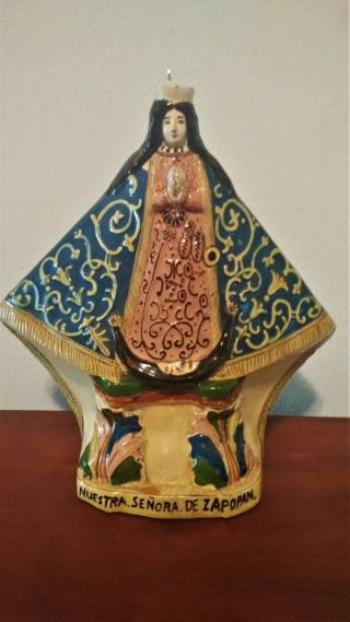 Vintage Mexican Pottery Holy Water Bottle Our Lady Of Zapopan