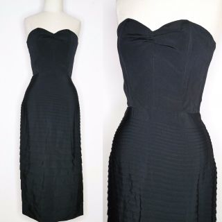 Vtg 40s 50s Early Black Sleevless Cocktail Accordion Pleated Wiggle Pin Up Dress