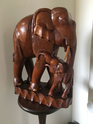 Vintage Solid Teak Wood Hand Carved Elephant & Baby