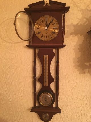 Vintage Antique Wall Barometer,  Hygrometer And Thermometer Clock.  Wood,  Brass