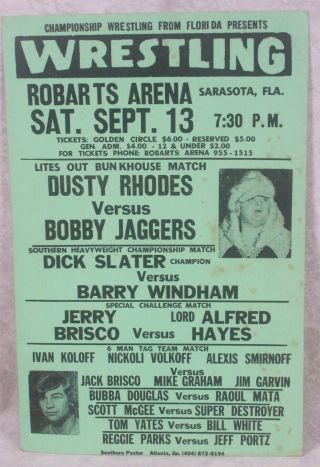 Vintage Nwa Florida Championship Wrestling Poster 1980 Sarasota Dusty Rhodes