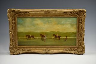Vtg Horse Racing Oil Painting On Board W/gold Gilt Frame Signed John Crabtree