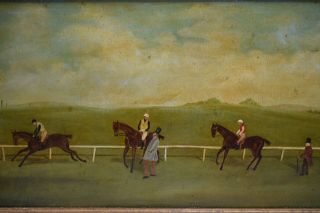 VTG Horse Racing Oil Painting on Board W/Gold Gilt Frame Signed John Crabtree 2