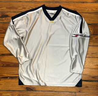 Mens 90s Vintage Tommy Hilfiger Athletics Silver Satin Jersey Style Shirt M