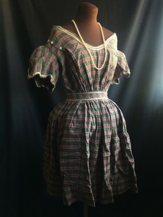 Sweet 1850s Fan Pleated Antique Wool Checkered Dress