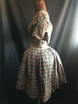 SWEET 1850s FAN PLEATED ANTIQUE WOOL CHECKERED DRESS 4