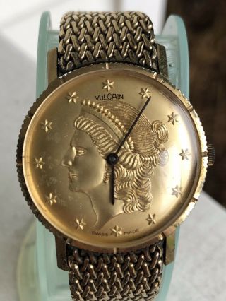 Vintage Swiss Vulcain 33mm Mechanical Watch Liberty Face Coin Gold Tone