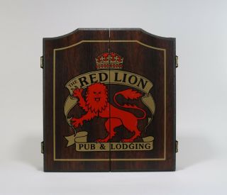 Vintage The Red Lion Pub & Lodging Dart Board Wooden Cabinet Made In England