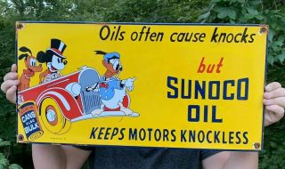 Vintage Sunoco Motor Oil Porcelain Sign With Disney 