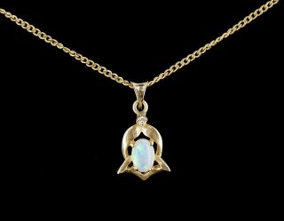 Vintage 14k Yellow Gold Diamond And Australian Jelly Opal Pendant Necklace 24 "