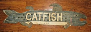 Vintage Hanging Double Sided Wood & Metal Catfish Fish Sign - Jhm - John Mulak