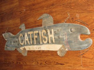 Vintage Hanging Double Sided Wood & Metal CATFISH fish Sign - JHM - John Mulak 5