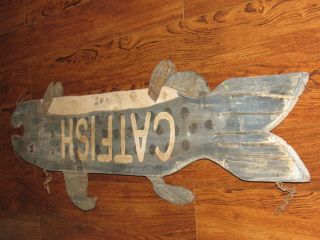 Vintage Hanging Double Sided Wood & Metal CATFISH fish Sign - JHM - John Mulak 6