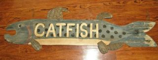 Vintage Hanging Double Sided Wood & Metal CATFISH fish Sign - JHM - John Mulak 7
