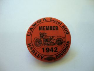 Vintage 1942 Harley Davidson Uaw Of A Local 209 Union Pin Knucklehead Pinback