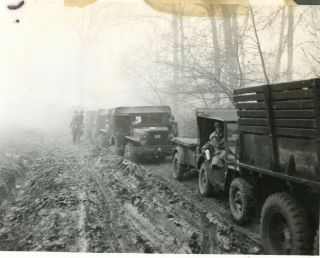 Org Wwii Photo: American Vehicle Convoy Moving Down Muddy Roadway - Belgium 1944