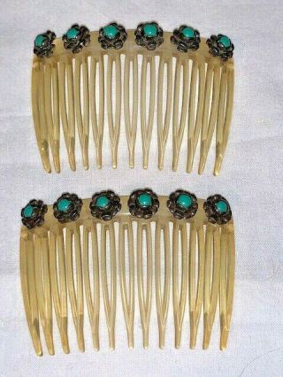 Vintage Turquoise And Sterling Silver Hair Combs 2 - 1/2 " X 1 - 3/4 "