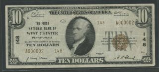 Fr1801 - 2 Ch 148 $10 1929 National " West Chester,  Pa " S/n 2 Vf,  Rare Hw5159