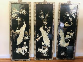 3 Pc Set Vintage Asian Wall Panels Black Lacquer Mother Of Pearl Peacock Design
