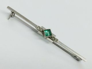 Antique Art Deco 15ct White Gold Diamond & Emerald Brooch Pin