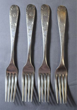 Four Kirk “mayflower” Pattern Hand - Engraved Coin Silver Forks,  Mid - 19th Century