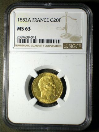 France Second Republic 1852 Gold 20 Francs Ngc Ms - 63 Very Rare 1 Year Type