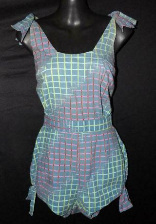 Vtg 40s 50s Rockabilly Pin Up Montgomery Calif Plaid Playsuit Romper Shorts Xs S