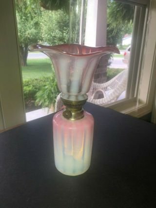 Rare & Unusual White & Pink Opalescent Glass Miniature Oil Lamp With Tulip Shade