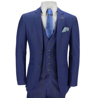 Mens 3 Piece Suit Blue Check On Navy Vintage Retro Smart Tailored Fit Uk Size