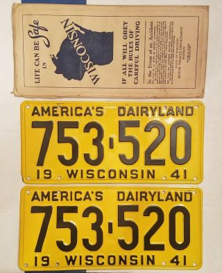 Vintage Set Of 1941 Wisconsin License Plates 753 - 520