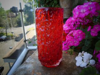 Vintage Whitefriars Fluted Red Bark Vase 10 1/2 In High