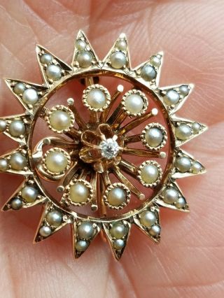 1880 - 90 Bailey Banks Biddle 14k Gold Seed Pearl & Diamond Sunburst Pin & Pendant