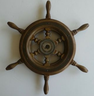 Vintage 1960 ' s River Boat Mahogany & Brass Banded Ship ' s Steering Wheel 5