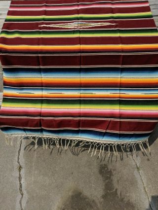 Colorful VINTAGE Mexican Sarape Saltillo Wool Rug Blanket Long Fringe 82x50 3