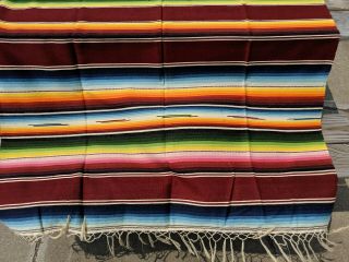 Colorful VINTAGE Mexican Sarape Saltillo Wool Rug Blanket Long Fringe 82x50 4