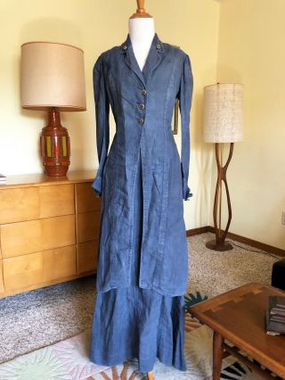 1900s Edwardian Walking Suit Antique Chambray 2 Pc Duster Skirt Set Denim Blue