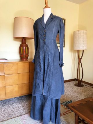 1900s Edwardian Walking Suit Antique Chambray 2 Pc Duster Skirt Set Denim Blue 2