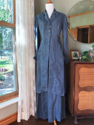 1900s Edwardian Walking Suit Antique Chambray 2 Pc Duster Skirt Set Denim Blue 3
