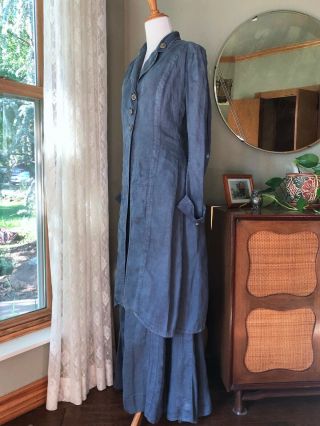 1900s Edwardian Walking Suit Antique Chambray 2 Pc Duster Skirt Set Denim Blue 4