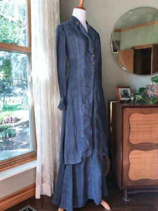 1900s Edwardian Walking Suit Antique Chambray 2 Pc Duster Skirt Set Denim Blue 5