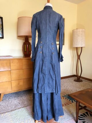 1900s Edwardian Walking Suit Antique Chambray 2 Pc Duster Skirt Set Denim Blue 6